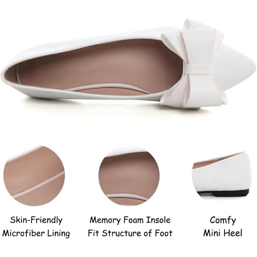 Women's White Bowknot Ballet Flats Pointy Toe Casual Flat Shoes Suede - Picture 4 of 6